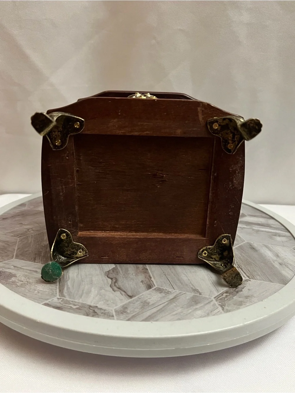 Vintage Style Wooden Jewelry Box 2 Drawer Floral Glass Top Brass Tone Feet